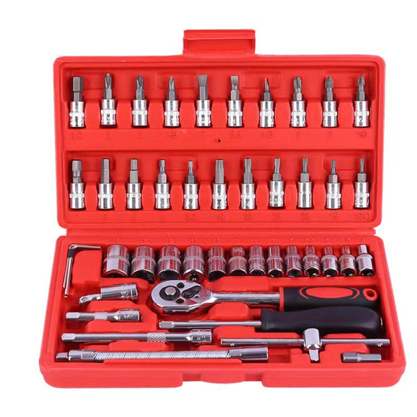 Elosung 46 Piece Professional Socket Wrench Set 1/4 Drive Chrome Vanadium Steel Ratchet & Bit Kit For Automotive And Household Repairs Red Box Wrench