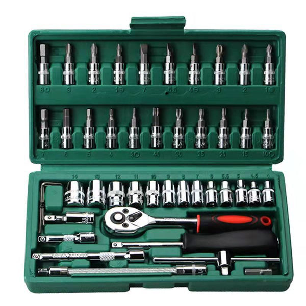 Elosung 46 Piece Professional Socket Wrench Set 1/4 Drive Chrome Vanadium Steel Ratchet & Bit Kit For Automotive Household Repairs Green Box Wrench Se
