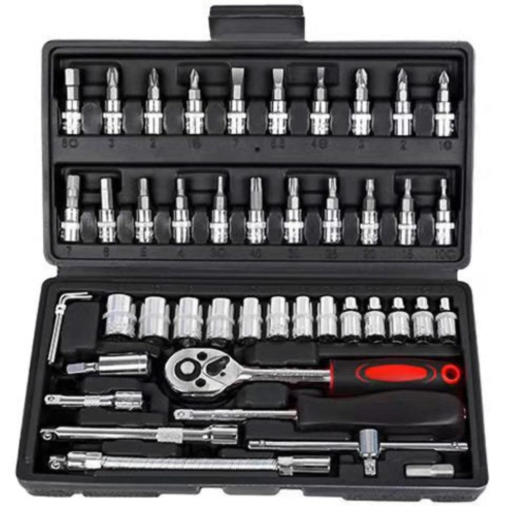 Elosung 46 Piece Professional Socket Wrench Set 1/4 Drive Chrome Vanadium Steel Ratchet & Bit Kit For Automotive Household Repairs Black Box Wrench Se