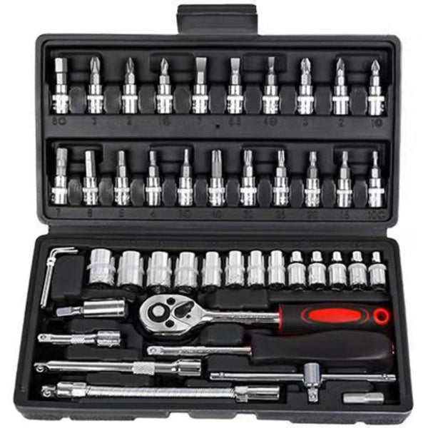 Elosung 46 Piece Professional Socket Wrench Set 1/4 Drive Chrome Vanadium Steel Ratchet & Bit Kit For Automotive Household Repairs Black Box Wrench Se