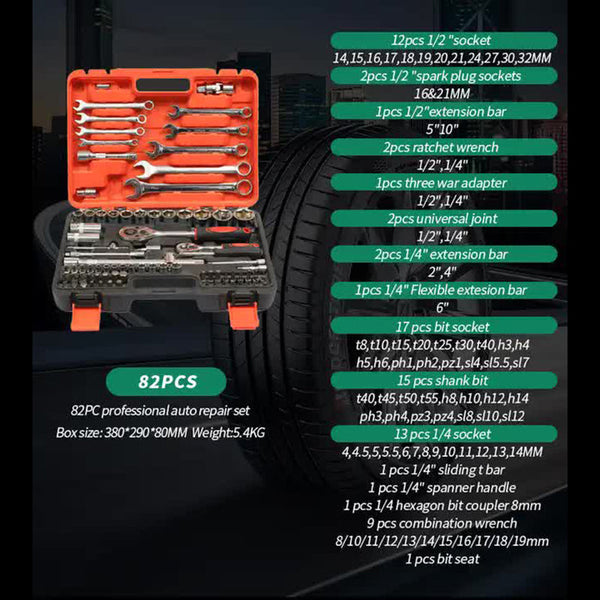 Elosung 82 Piece Professional Automotive Repair Tool Set 1/2 & 1/4 Drive Ratchets Sockets And For Engine Tire Spark Plug Maintenance Wrenches