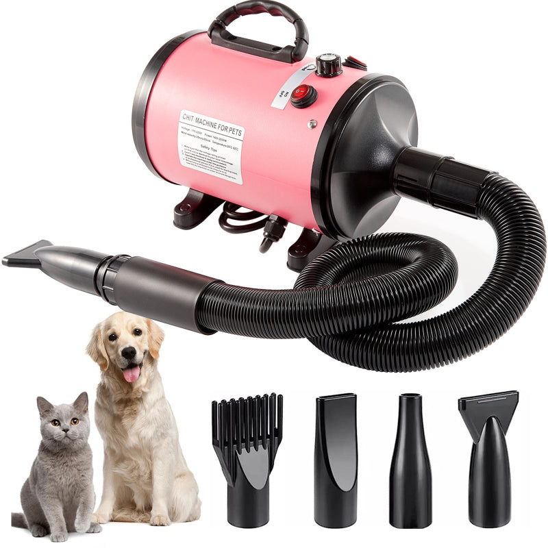 Elosung Pet Hair Dryer With Multiple Nozzles Powerful And Quiet For Dogs Cats Pink Dog Grooming