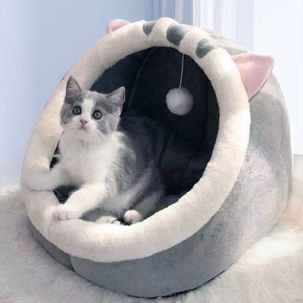 Gray Half Enclosed Cat Bed Soft Short Velvet Fabric With Sponge + Pp Cotton Filling M Size (35X35x30cm) Pet Beds
