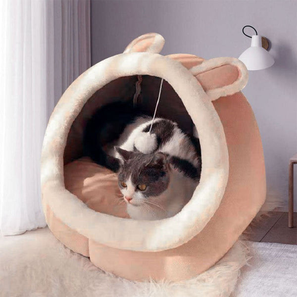 Elosung Pink Half Enclosed Cat Bed Soft Short Velvet Fabric With Sponge + Pp Cotton Filling M Size (35X35x30cm) Pet Beds