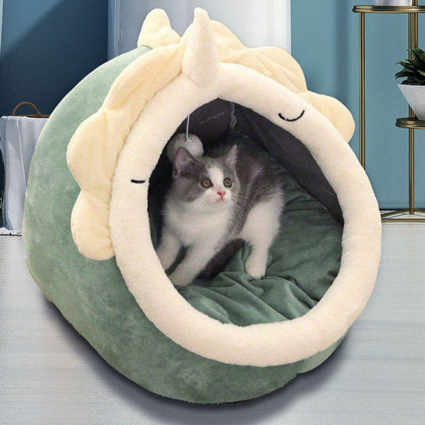 Green Half Enclosed Cat Bed Soft Short Velvet Fabric With Sponge + Pp Cotton Filling M Size (35X35x30cm) Pet Beds