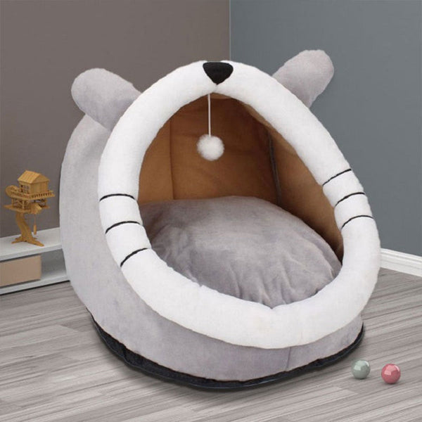 Elosung Gray Totoro Half Enclosed Cat Bed Soft Short Velvet Fabric With Sponge + Pp Cotton Filling Size (28X28x30cm) Pet Beds