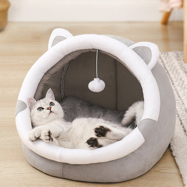 Elosung Gray Half Enclosed Cat Bed Soft Short Velvet Fabric With Sponge + Pp Cotton Filling M Size (35X35x30cm) Pet Beds