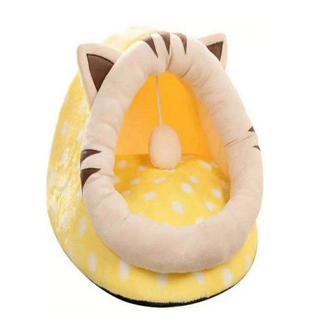 Elosung Yellow Half Enclosed Cat Bed Soft Short Velvet Fabric With Sponge + Pp Cotton Filling M Size (35X35x30cm) Pet Beds