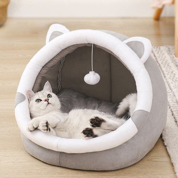 Elosung Gray Half Enclosed Cat Bed Soft Short Velvet Fabric With Sponge Pp Cotton Filling Size (28X28x30 Cm) Pet Beds