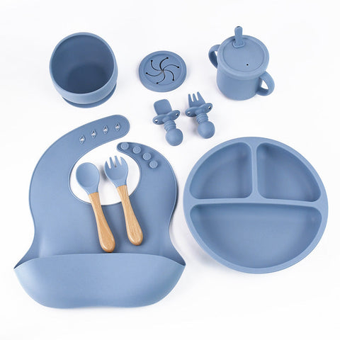 Elosung Blue 8 Piece Silicone Children's Tableware Set Bpa Free Little One Feeding Utensils With Fork And Spoon Cup Bowl Bibs Baby Utensils