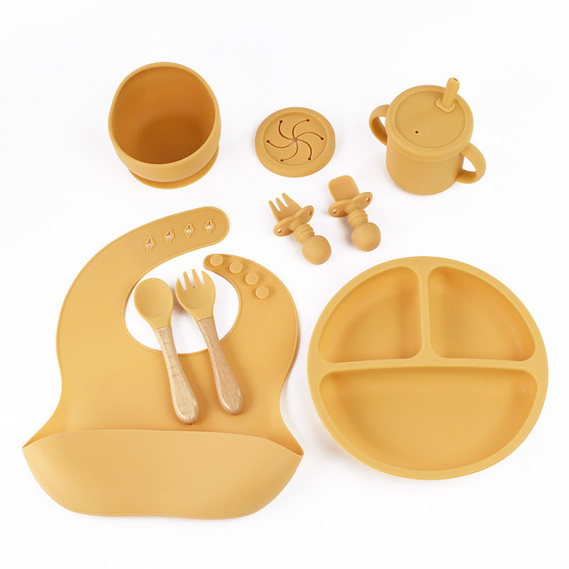 Elosung Yellow 8 Piece Silicone Children's Tableware Set Bpa Free Little One Feeding Utensils With Fork And Spoon Cup Bowl Bibs Baby Utensils