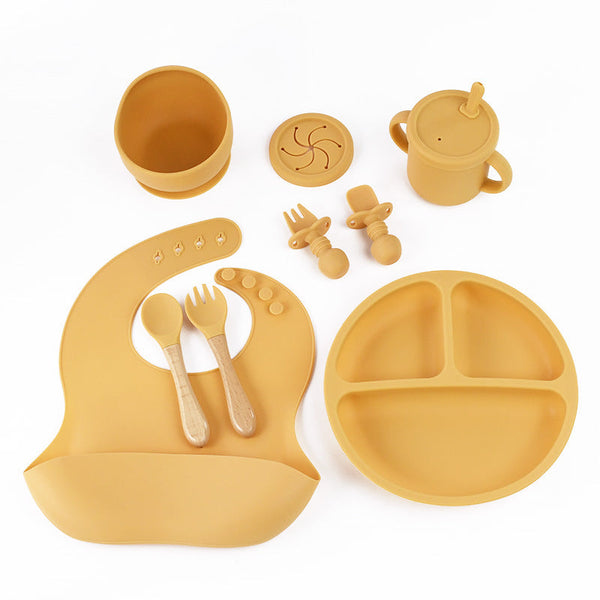 Elosung Yellow 8 Piece Silicone Children's Tableware Set Bpa Free Little One Feeding Utensils With Fork And Spoon Cup Bowl Bibs Baby Utensils