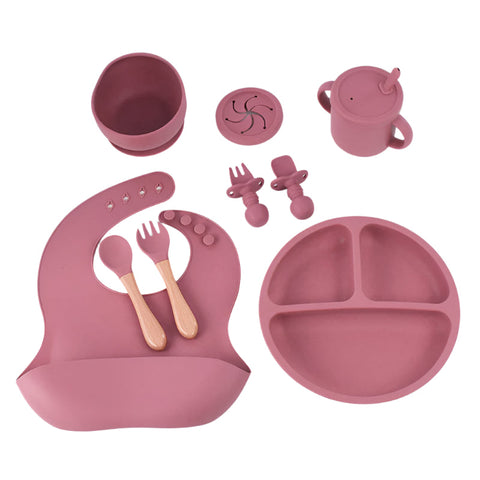 Elosung Rose Red 8 Piece Silicone Children's Tableware Set Bpa Free Little One Feeding Utensils With Wooden Fork And Spoon Cup Bowl Bibs Baby Utensils