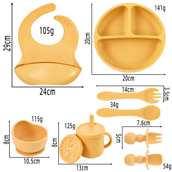 Elosung Rose Red 8 Piece Silicone Children's Tableware Set Bpa Free Little One Feeding Utensils With Wooden Fork And Spoon Cup Bowl Bibs Baby Utensils