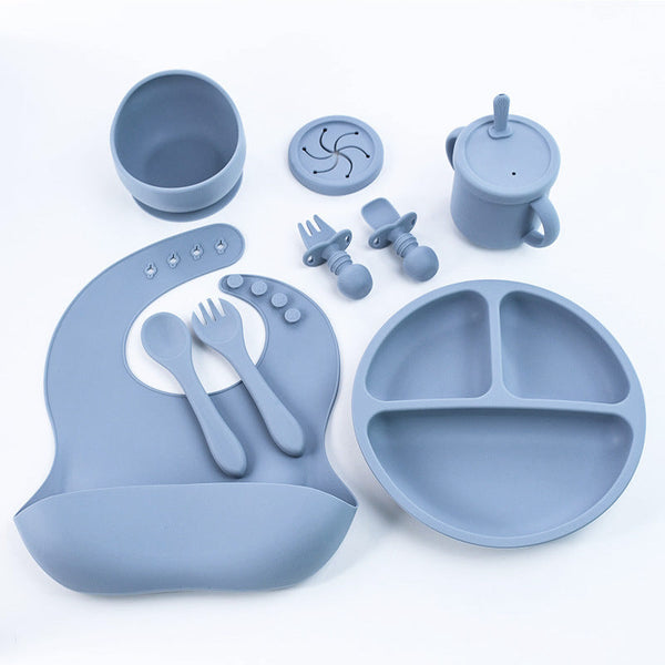 Elosung Blue 8 Piece Silicone Children's Tableware Set Bpa Free Little One Feeding Utensils With Fork Spoon Cup Bowl And Bibs Baby Utensils