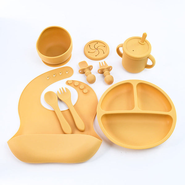 Elosung Yellow 8 Piece Silicone Children's Tableware Set Bpa Free Little One Feeding Utensils With Fork Spoon Cup Bowl And Bibs Baby Utensils