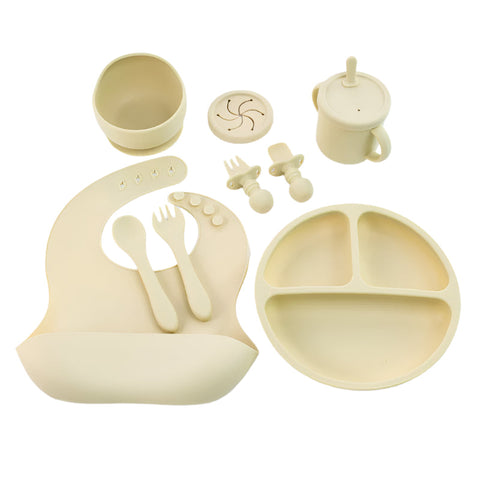 Elosung Off White 8 Piece Silicone Children's Tableware Set Bpa Free Little One Feeding Utensils With Fork Spoon Cup Bowl And Bibs Baby Feeding Sets