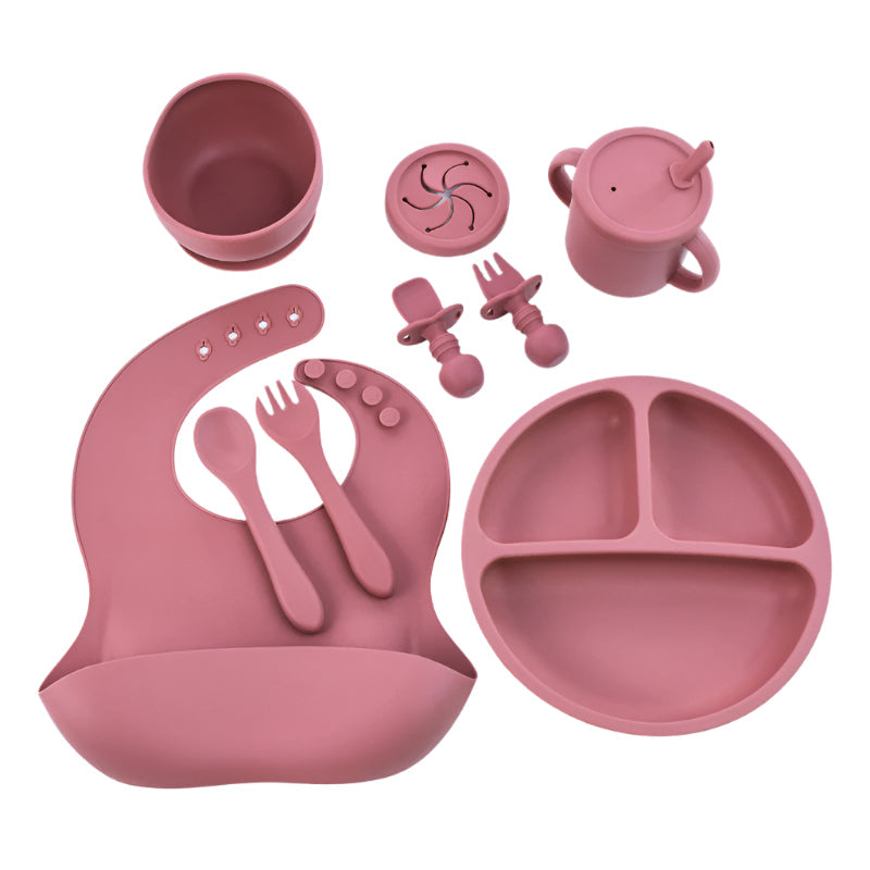 Elosung Rose Red 8 Piece Silicone Children's Tableware Set Bpa Free Little One Feeding Utensils With Fork Spoon Cup Bowl And Bibs Baby Utensils