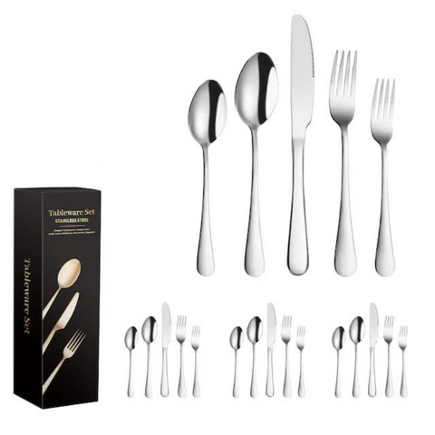 Elosung Silver 410 Stainless Steel Cutlery Set Western Steak Knife Fork & Spoon Set/20 Piece Dinnerware Cutlery Sets