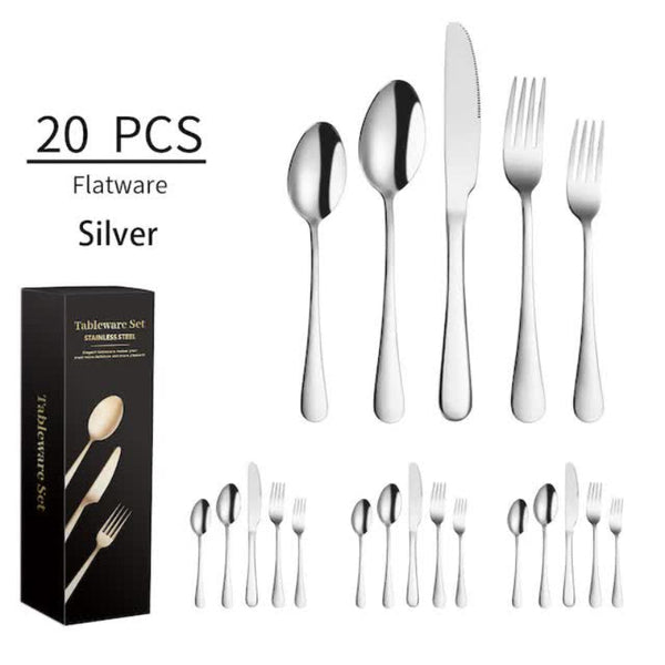 Elosung Silver 410 Stainless Steel Cutlery Set Western Steak Knife Fork & Spoon Set/20 Piece Dinnerware Cutlery Sets