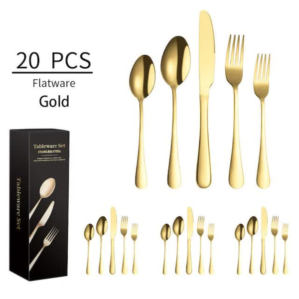 Elosung Gold 410 Stainless Steel Cutlery Set Western Steak Knife Fork & Spoon Set/20 Piece Dinnerware Cutlery Sets