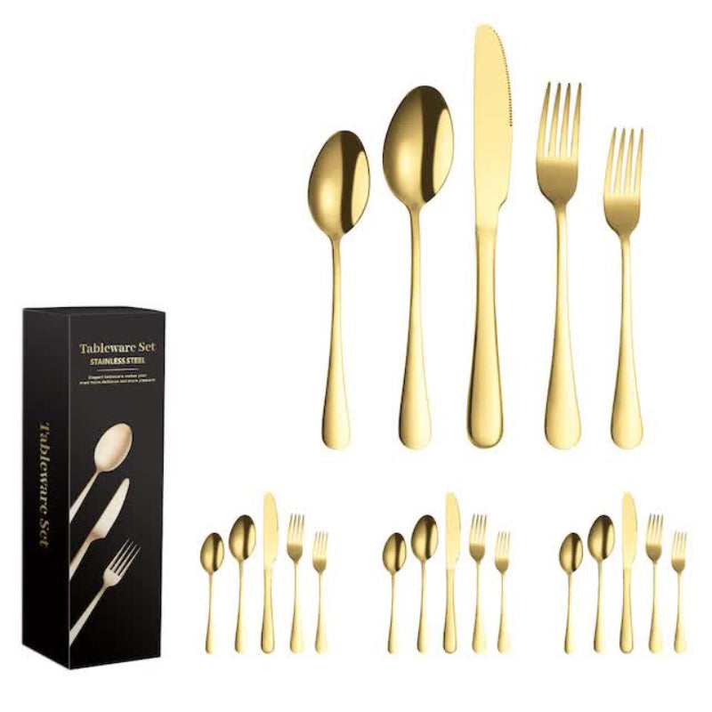 Elosung Gold 410 Stainless Steel Cutlery Set Western Steak Knife Fork & Spoon Set/20 Piece Dinnerware Cutlery Sets