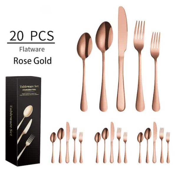 Elosung Rose Gold 410 Stainless Steel Cutlery Set Western Steak Knife Fork & Spoon Set/20 Piece Dinnerware Cutlery Sets