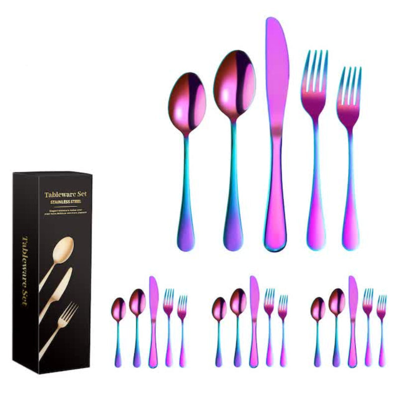 Elosung Bright Colour 410 Stainless Steel Cutlery Set Western Steak Knife Fork Spoon 20 Piece Dinnerware Cutlery Sets