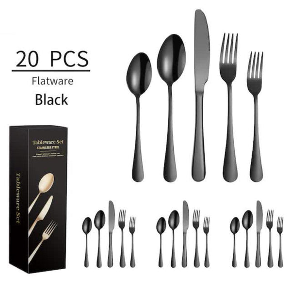 Elosung Black 410 Stainless Steel Cutlery Set Western Steak Knife Fork & Spoon Set/20 Piece Dinnerware Cutlery Sets