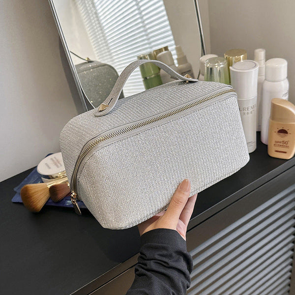 Elosung Silver Shiny Large Capacity Makeup Bag Multi Function Travel Toiletry Organiser Handheld Cosmetic Storage Makeup Bags & Cases