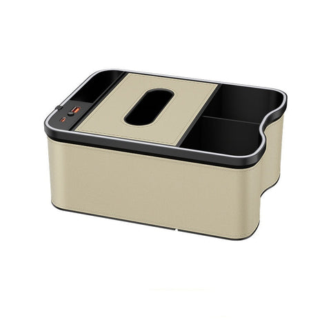 Elosung Warm Rice Car Armrest Storage Box With Led Ambient Light Multifunctional Tissue Holder Organiser For Interior Car Organisers