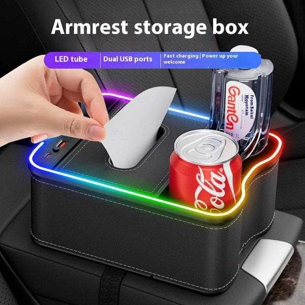 Elosung Volcano Red Car Armrest Storage Box With Led Ambient Light Multifunctional Tissue Holder & Organizer For Interior Car Organisers
