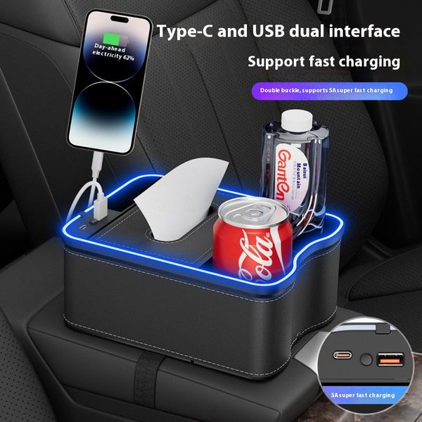 Elosung Volcano Red Car Armrest Storage Box With Led Ambient Light Multifunctional Tissue Holder & Organizer For Interior Car Organisers