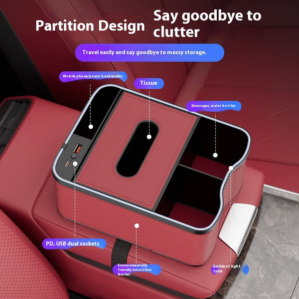 Elosung Volcano Red Car Armrest Storage Box With Led Ambient Light Multifunctional Tissue Holder & Organizer For Interior Car Organisers