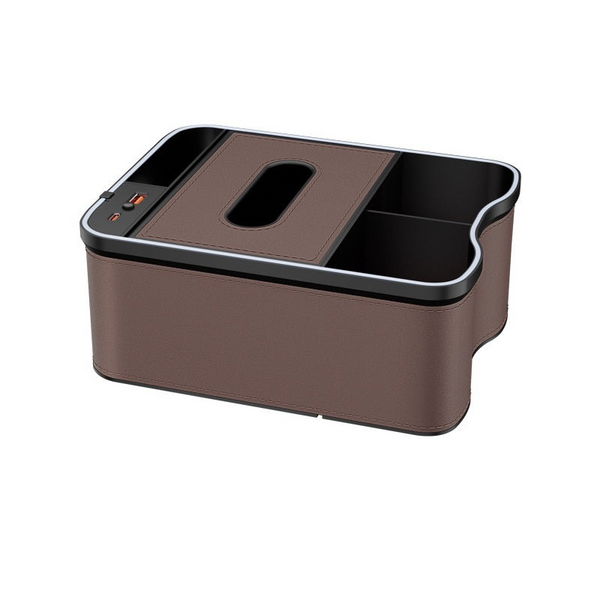 Elosung Mocha Brown Car Armrest Storage Box With Led Ambient Light Multifunctional Tissue Holder And Organiser For Interior Car Organisers