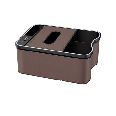 Elosung Mocha Brown Car Armrest Storage Box With Led Ambient Light Multifunctional Tissue Holder And Organiser For Interior Car Organisers