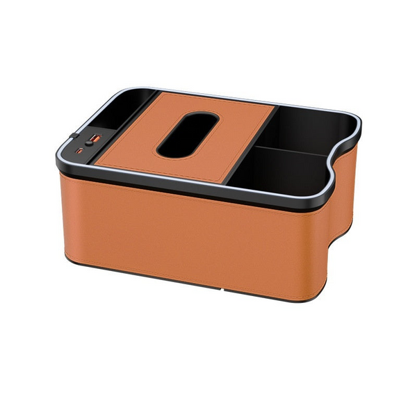 Elosung Mermes Orange Car Armrest Storage Box With Led Ambient Light Multifunctional Tissue Holder & Organizer For Interior Car Organisers