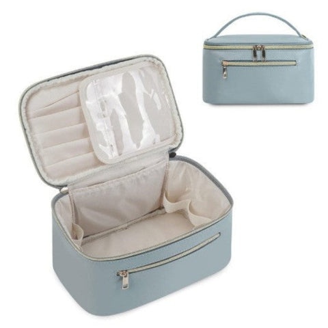 Elosung Blue Pu Leather Large Capacity Makeup Bag Waterproof & Multifunctional Handbag For Women Makeup Bags & Cases