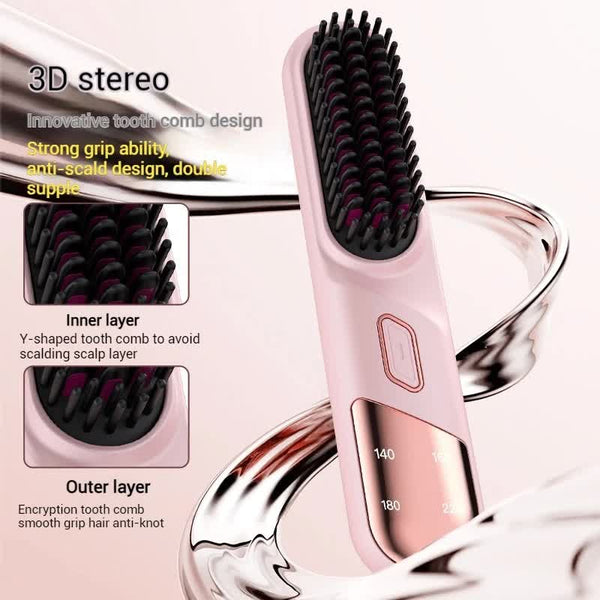 Elosung Pink 2 In 1 Rechargeable Hair Straightener And Curler Portable Styling Comb Dual Function Flat Iron Curling Wand Perfect For Home Use Straight