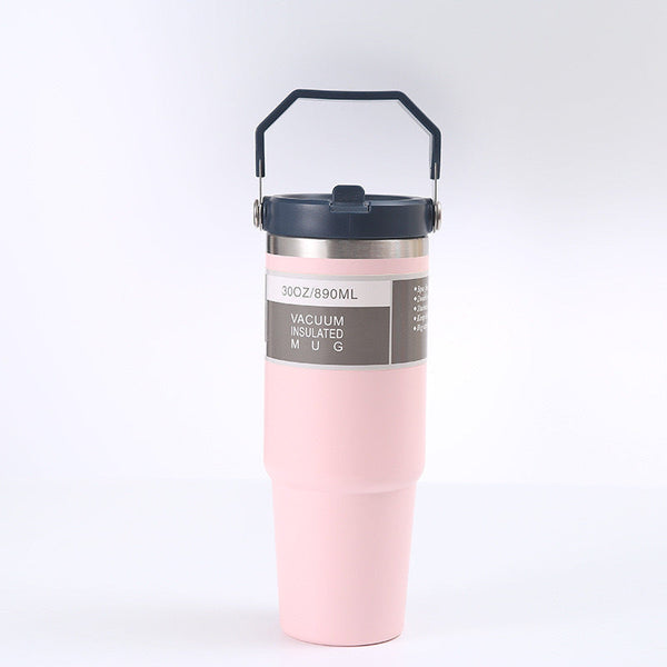 Elosung Pink 30Oz 304 Stainless Steel Ice Cup With Handle Portable Car And Travel Double Insulated For Hot & Cold Drinks Vacuum Flasks & Mugs