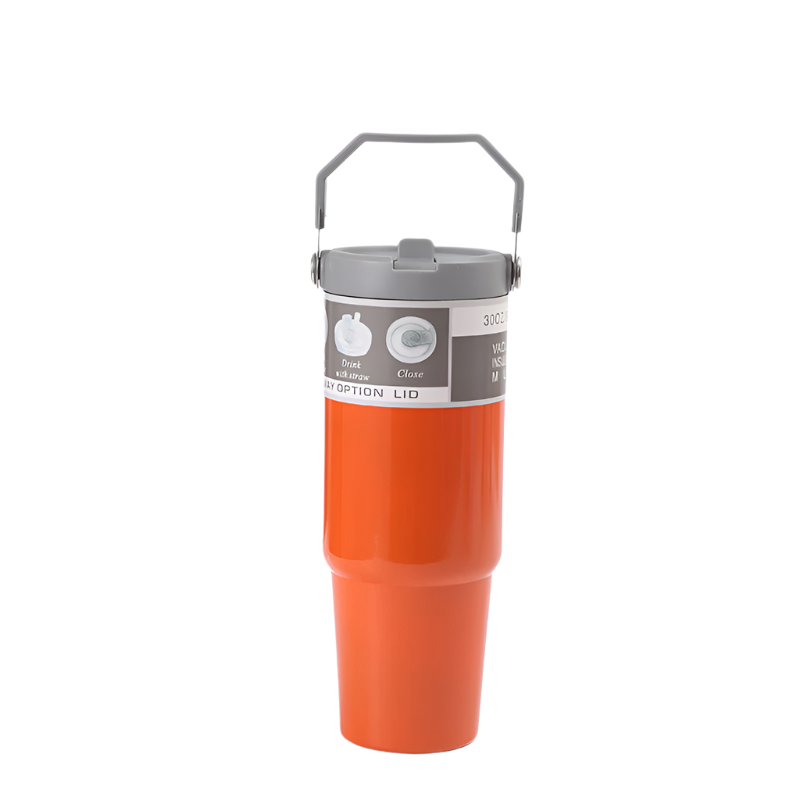 Elosung Orange 30Oz 304 Stainless Steel Ice Cup With Handle Portable Car And Travel Double Insulated For Hot & Cold Drinks Vacuum Flasks & Mugs