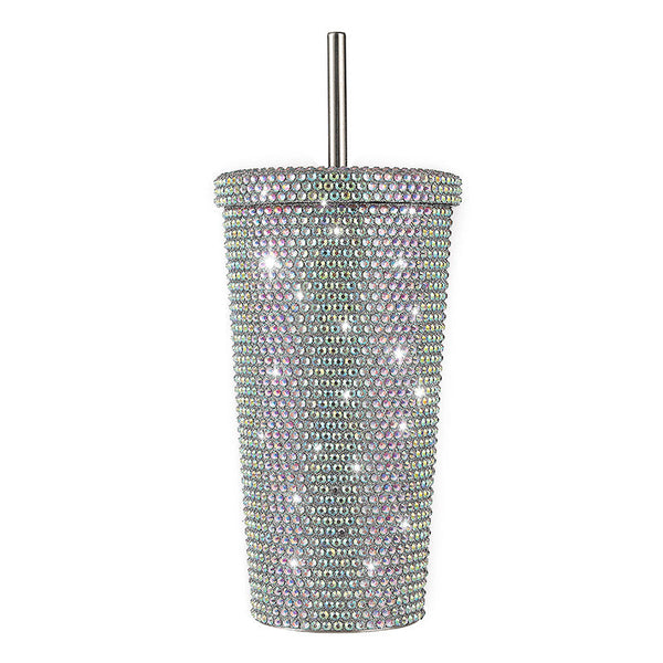 Elosung Diamond Inlaid Insulated 304 Stainless Steel Cup With Straw Double Walled Rhinestone Coffee Mug Gift For Beverages Vacuum Flasks & Mugs