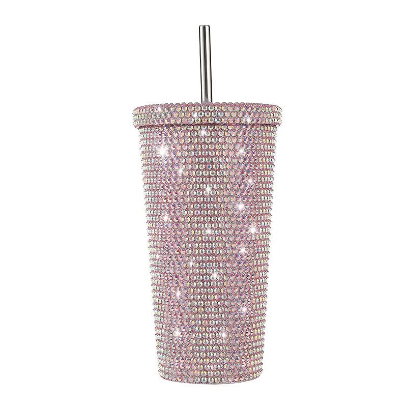 Elosung Pink Diamond Inlaid Insulated 304 Stainless Steel Cup With Straw Double Walled Rhinestone Coffee Mug Gift For Beverages Vacuum Flasks & Mugs