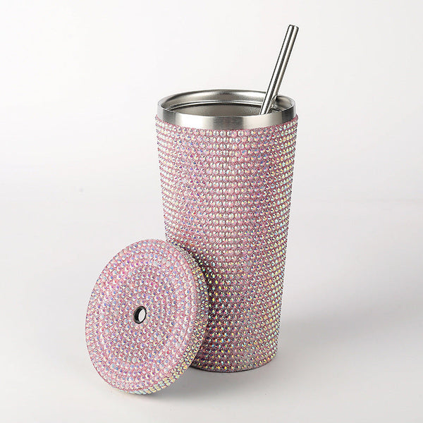 Elosung Pink Diamond Inlaid Insulated 304 Stainless Steel Cup With Straw Double Walled Rhinestone Coffee Mug Gift For Beverages Vacuum Flasks & Mugs