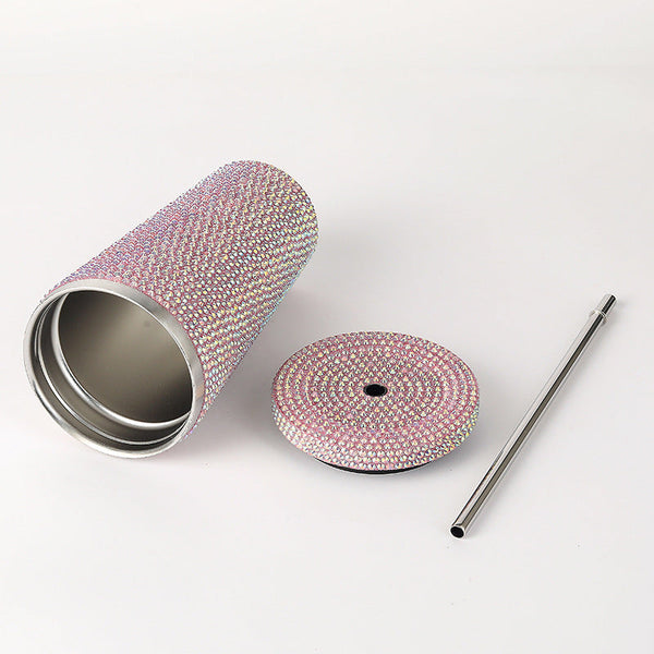 Elosung Pink Diamond Inlaid Insulated 304 Stainless Steel Cup With Straw Double Walled Rhinestone Coffee Mug Gift For Beverages Vacuum Flasks & Mugs