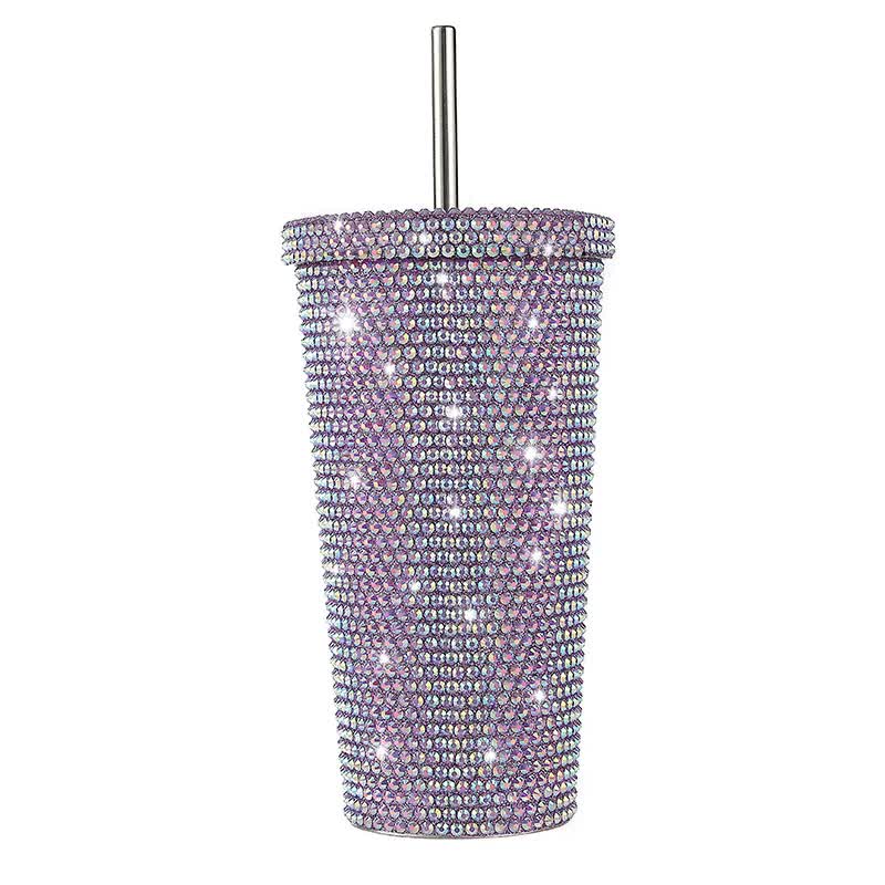 Elosung Purple Diamond Inlaid Insulated 304 Stainless Steel Cup With Straw Double Walled Rhinestone Coffee Mug Gift For Beverages Vacuum Flasks & Mugs