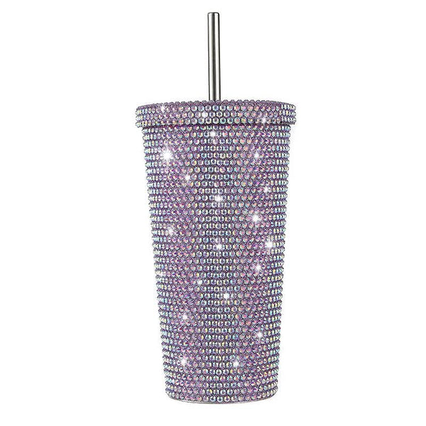 Elosung Purple Diamond Inlaid Insulated 304 Stainless Steel Cup With Straw Double Walled Rhinestone Coffee Mug Gift For Beverages Vacuum Flasks & Mugs