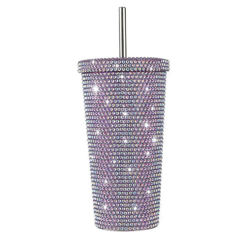 Elosung Purple Diamond Inlaid Insulated 304 Stainless Steel Cup With Straw Double Walled Rhinestone Coffee Mug Gift For Beverages Vacuum Flasks & Mugs