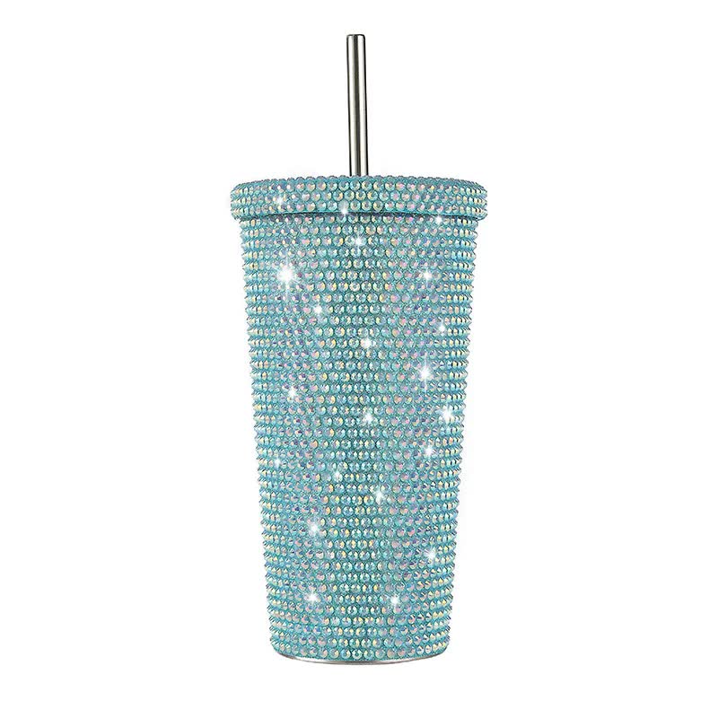 Elosung Blue Diamond Inlaid Insulated 304 Stainless Steel Cup With Straw Double Walled Rhinestone Coffee Mug Gift For Beverages Vacuum Flasks & Mugs