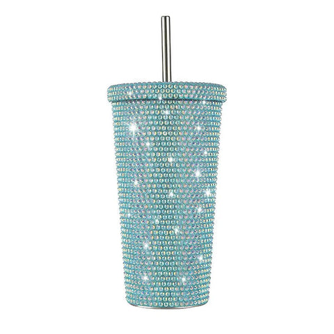 Elosung Blue Diamond Inlaid Insulated 304 Stainless Steel Cup With Straw Double Walled Rhinestone Coffee Mug Gift For Beverages Vacuum Flasks & Mugs